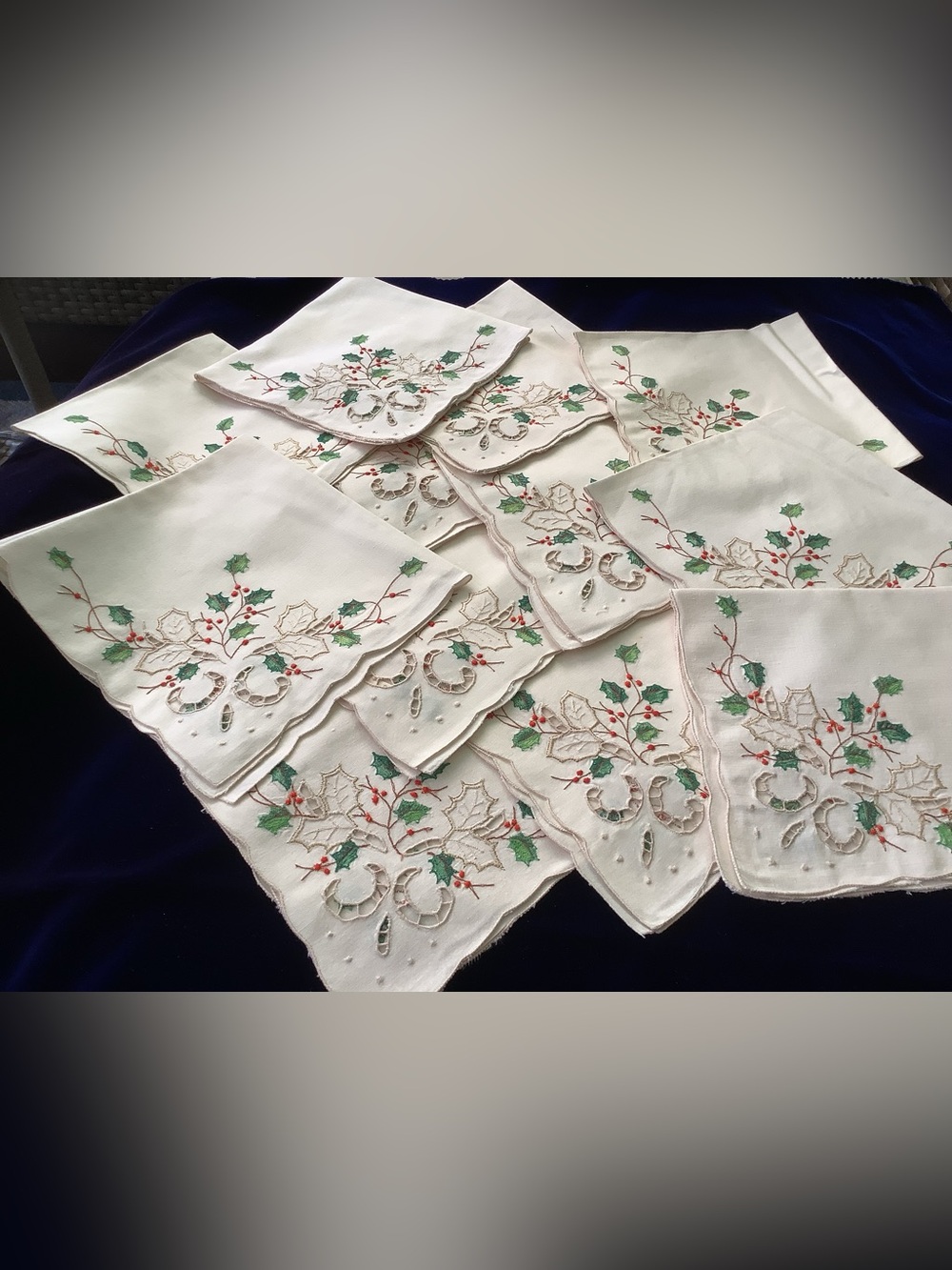 Vintage Embroidered Holiday Napkins with Holly Motif - Set of 12